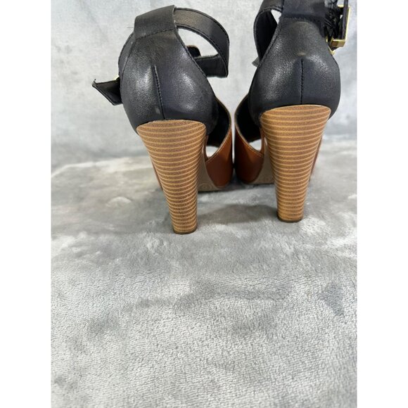 Candies Shoes Women's 6 Brown and black Peep Toe 4" Chunky Heels w/ ankle strap - Picture 3 of 16